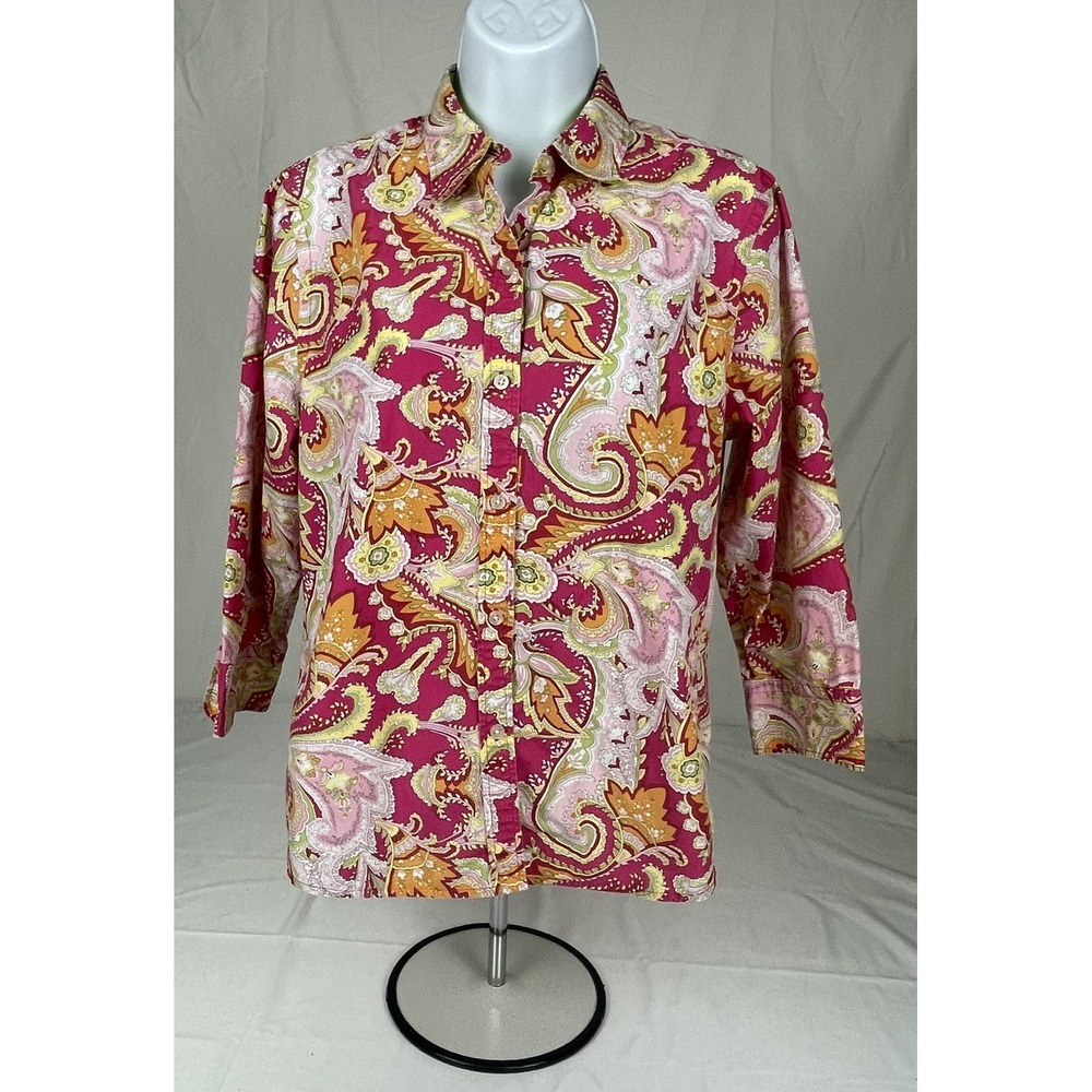 LAUREN RALPH LAUREN WOMENS PAISLEY BUTTON UP SHIRT PAINK ORANGE COTTON SIZE MEDI